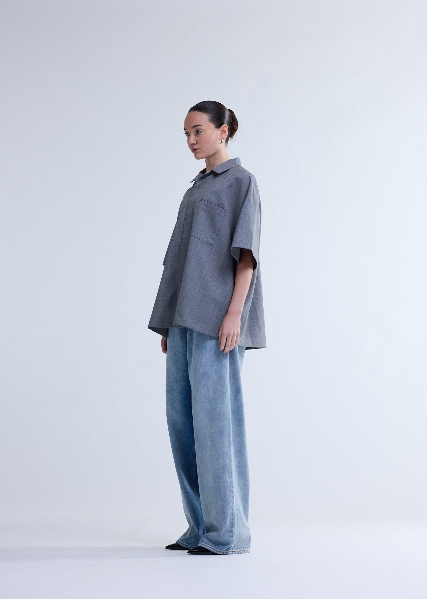 WIJK SHIRT WOOL GREY W/PINK PINSTRIPES | Pink pinstripe