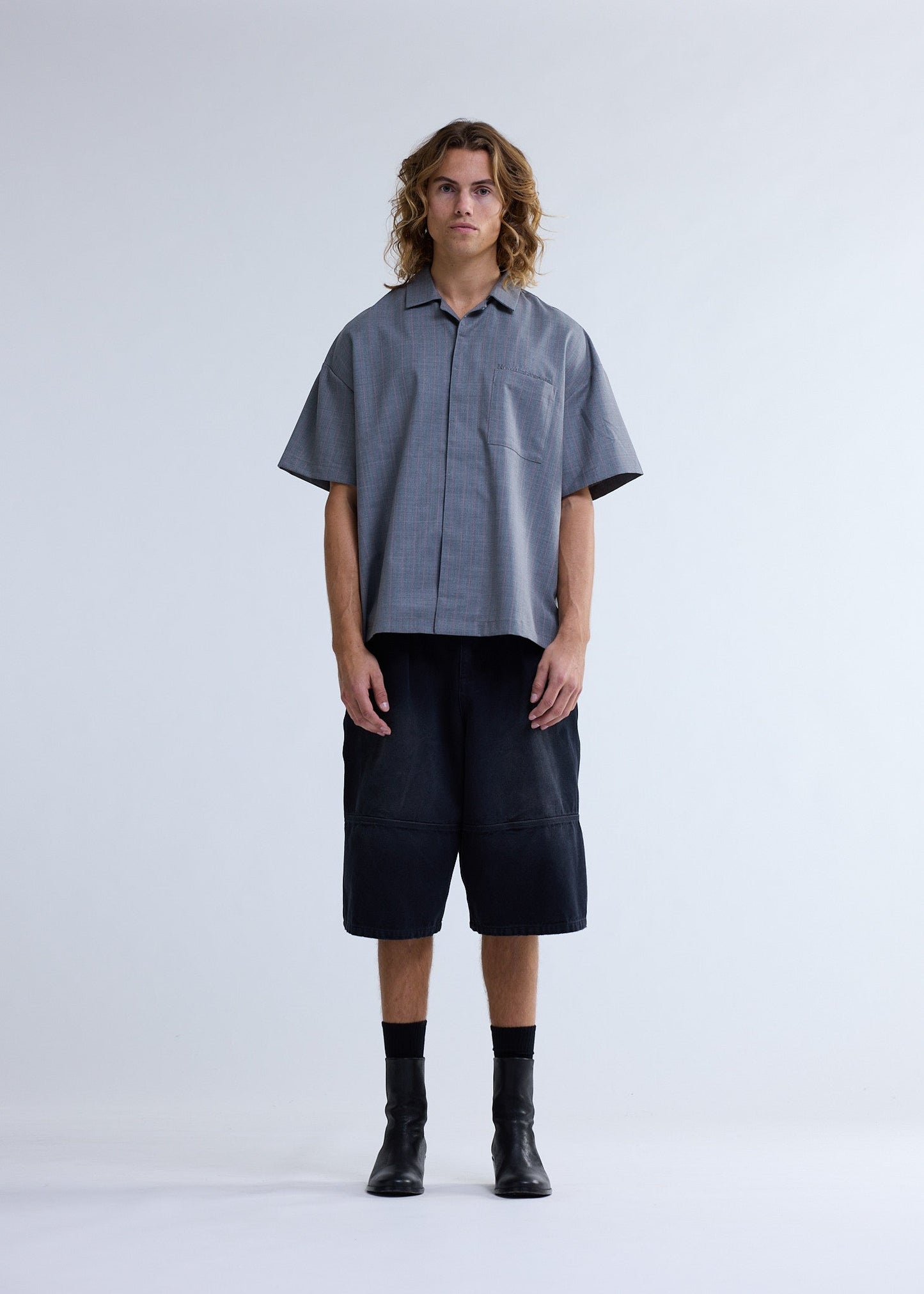 WIJK SHIRT WOOL GREY W/PINK PINSTRIPES | Pink pinstripe