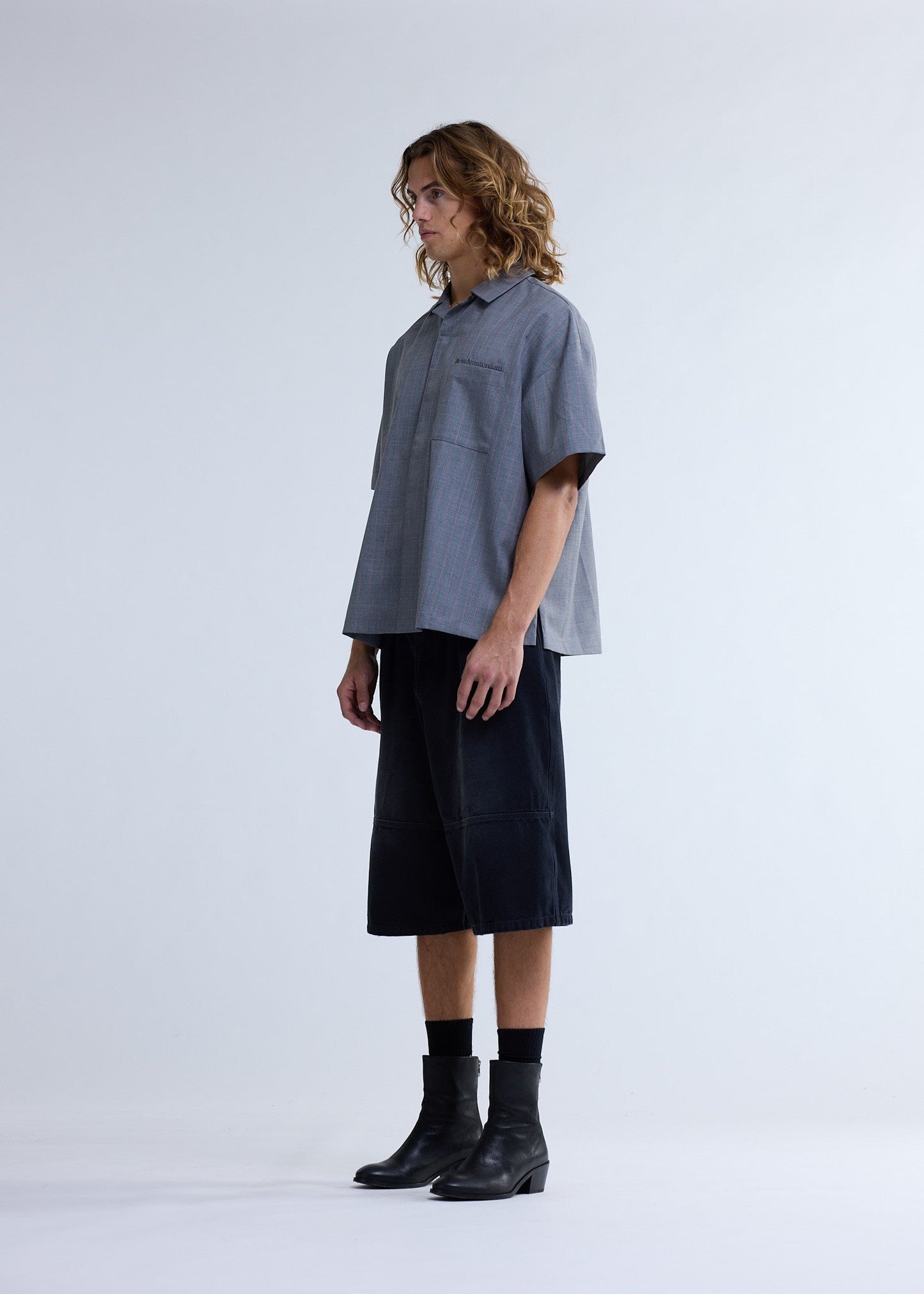 WIJK SHIRT WOOL GREY W/PINK PINSTRIPES | Pink pinstripe