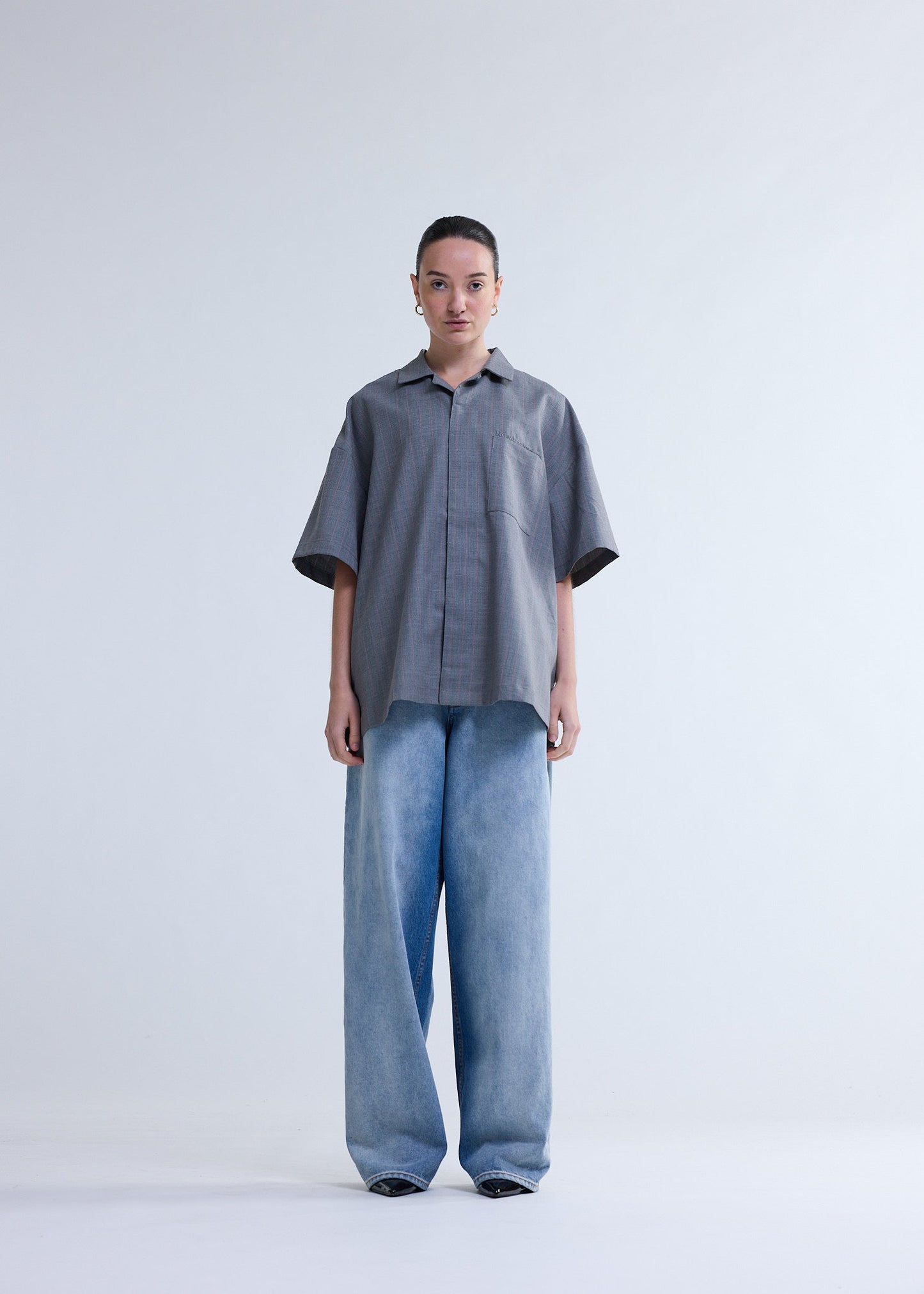 WIJK SHIRT WOOL GREY W/PINK PINSTRIPES | Pink pinstripe