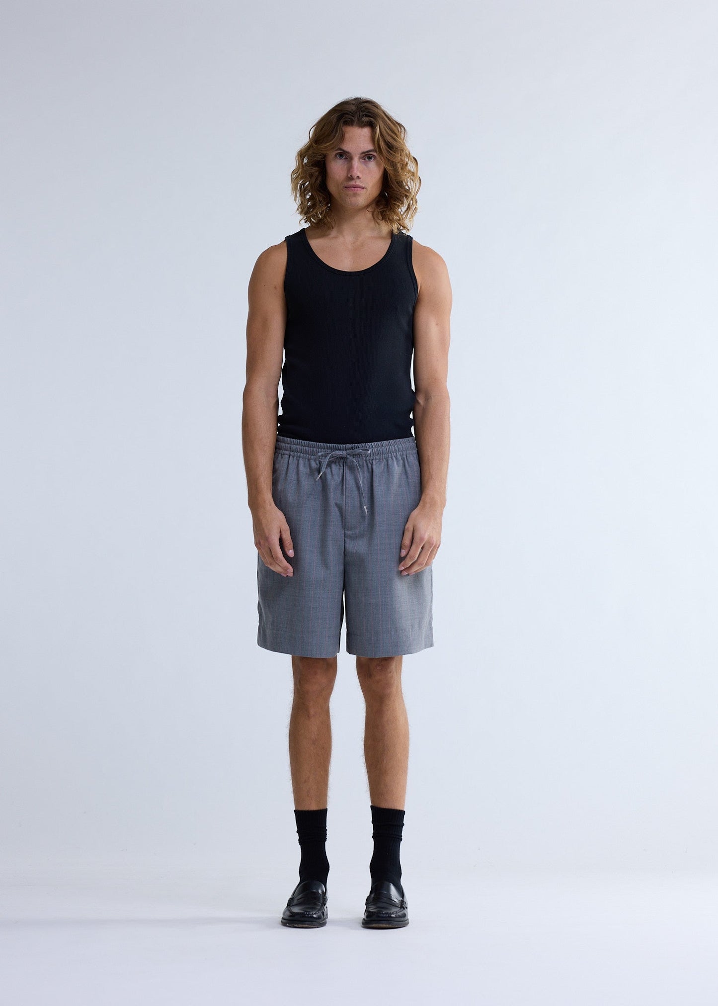 WOOL WORK SHORTS GREY W/PINK PINSTRIPES | Pink pinstripe