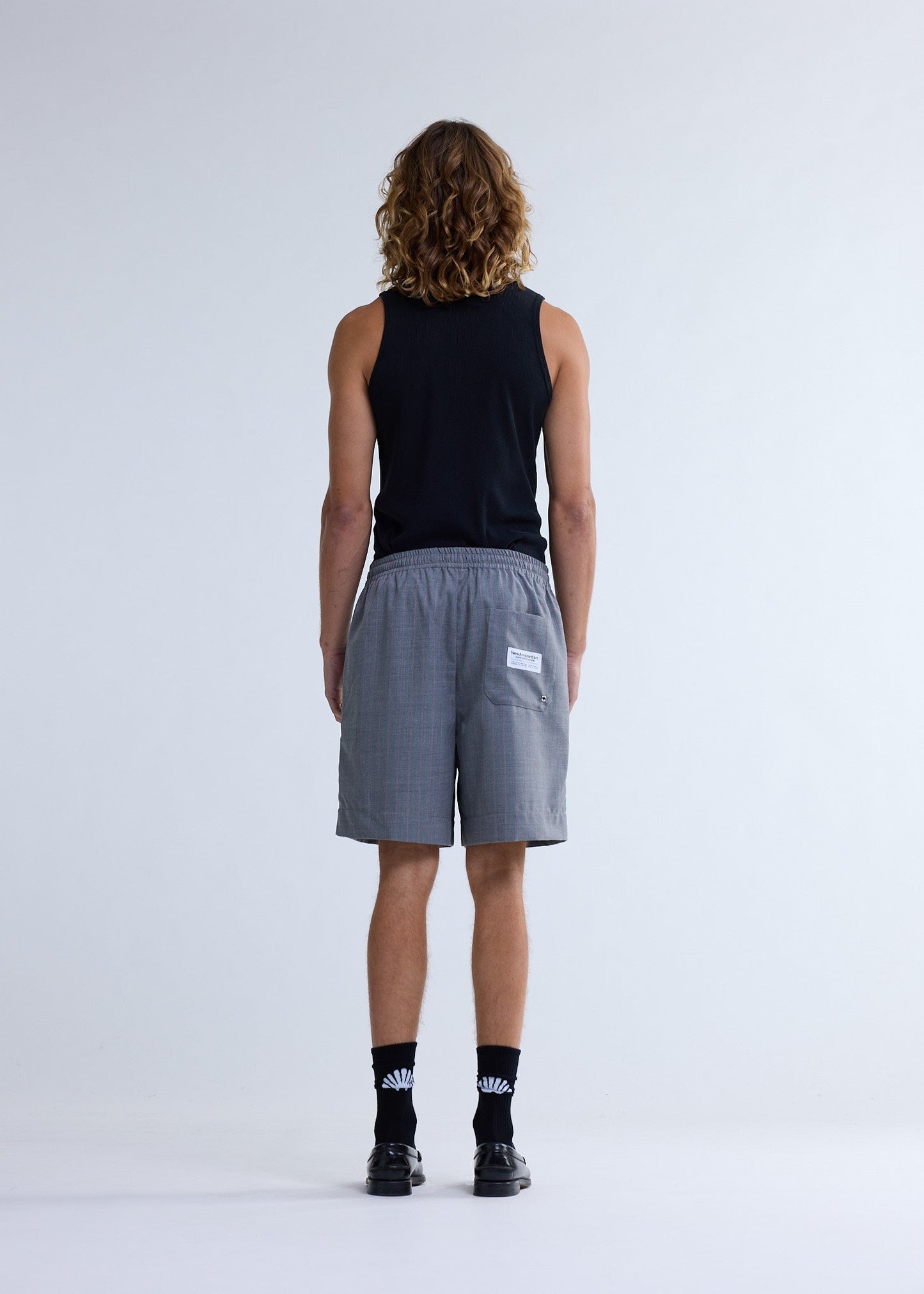 WOOL WORK SHORTS GREY W/PINK PINSTRIPES | Pink pinstripe