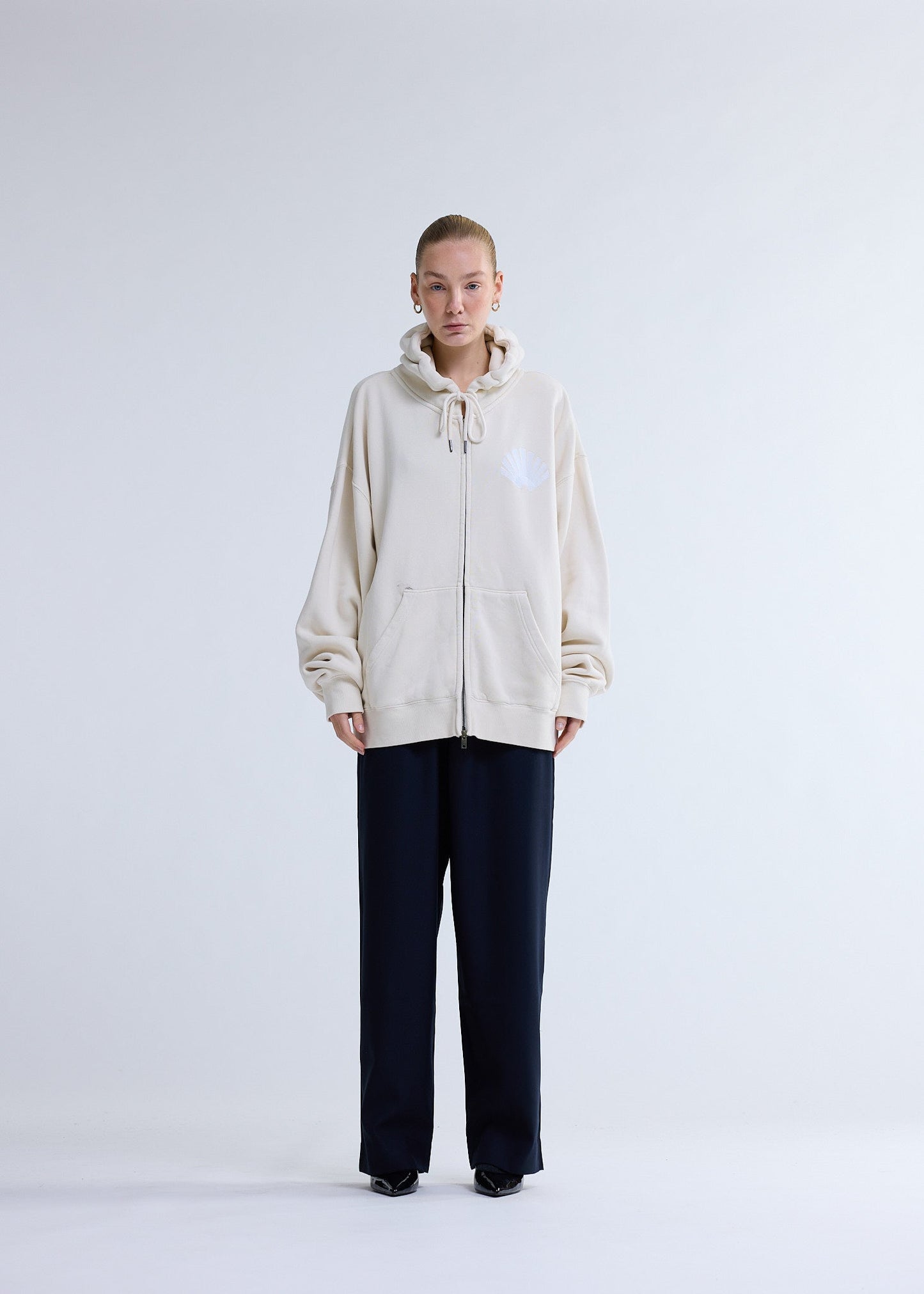 LOGO ZIP HOODIE ECRU/WHITE | Ecru