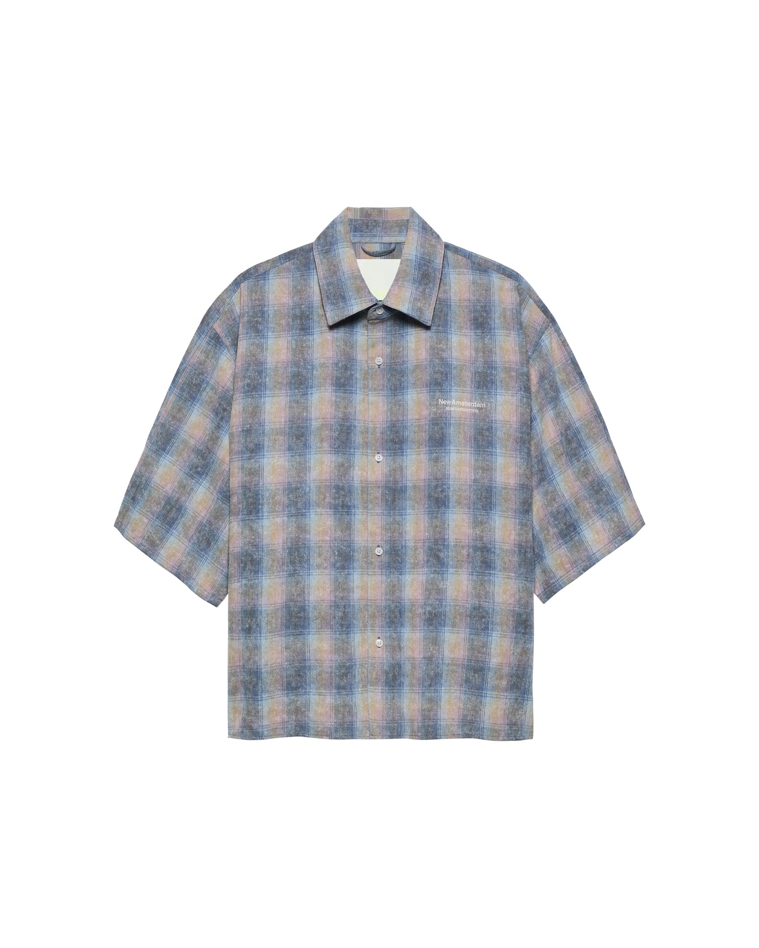 New Amsterdam Surf Association Flanel Short Sleeve Button-Up in Multicolour — front view, relaxed unisex rainbow check flannel shirt with dropped shoulders, button-up closure and chest pocket name embroidery