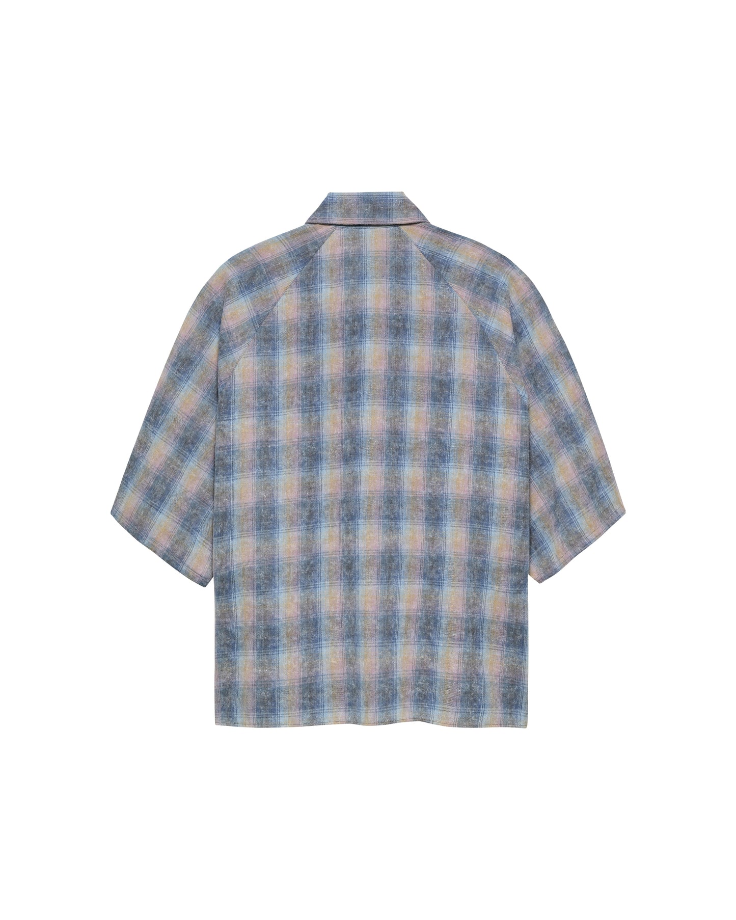 New Amsterdam Surf Association Flanel Short Sleeve Button-Up in Multicolour — back view, relaxed unisex rainbow check flannel shirt with dropped shoulders and hip length