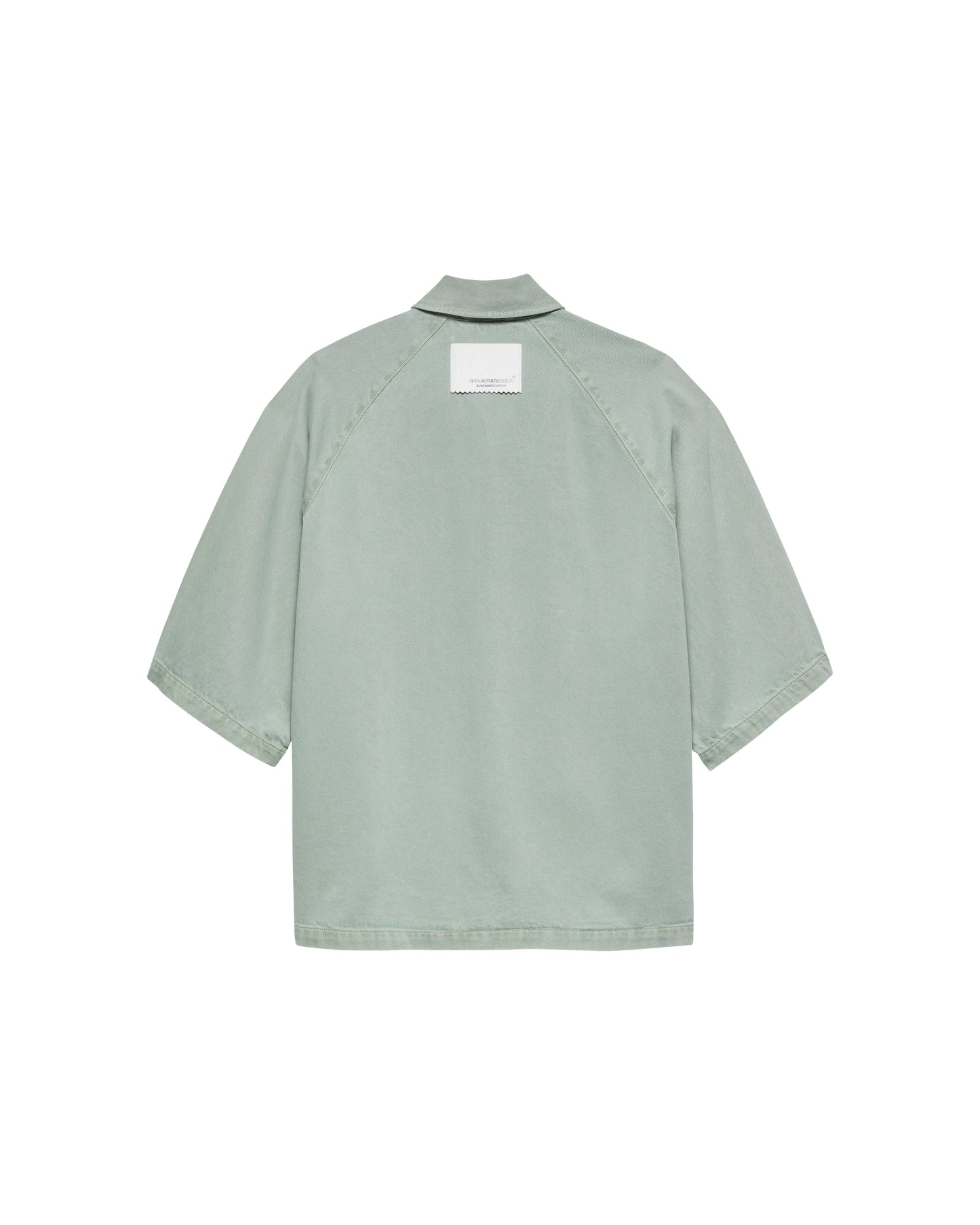 New Amsterdam Surf Association Denim Short Sleeve Button-Up Shirt in Mint - Back View