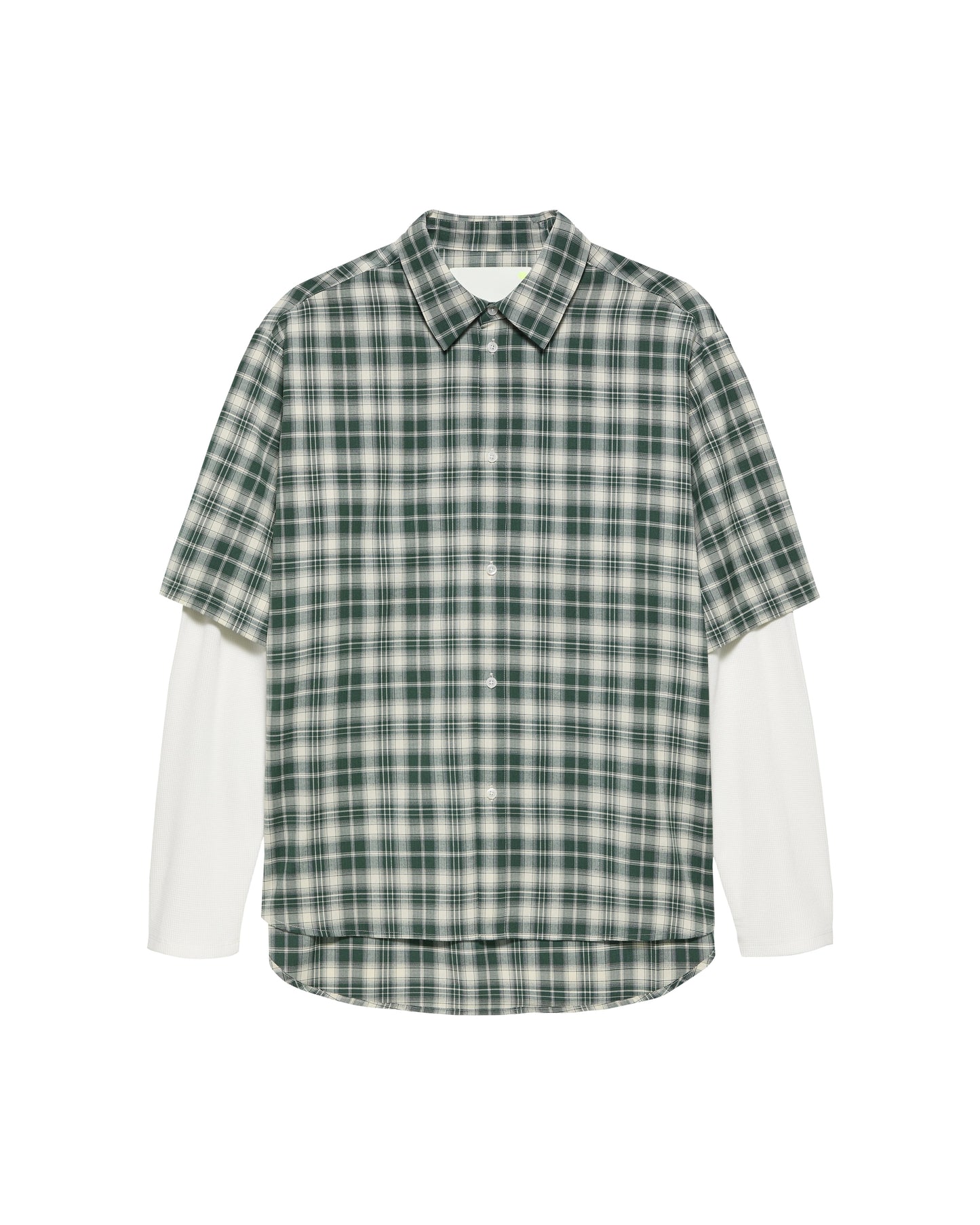 New Amsterdam Surf Association Double Layer Shirt in Green — front view, green/white check short-sleeve shirt with contrast white waffle long sleeves and faux shell button placket