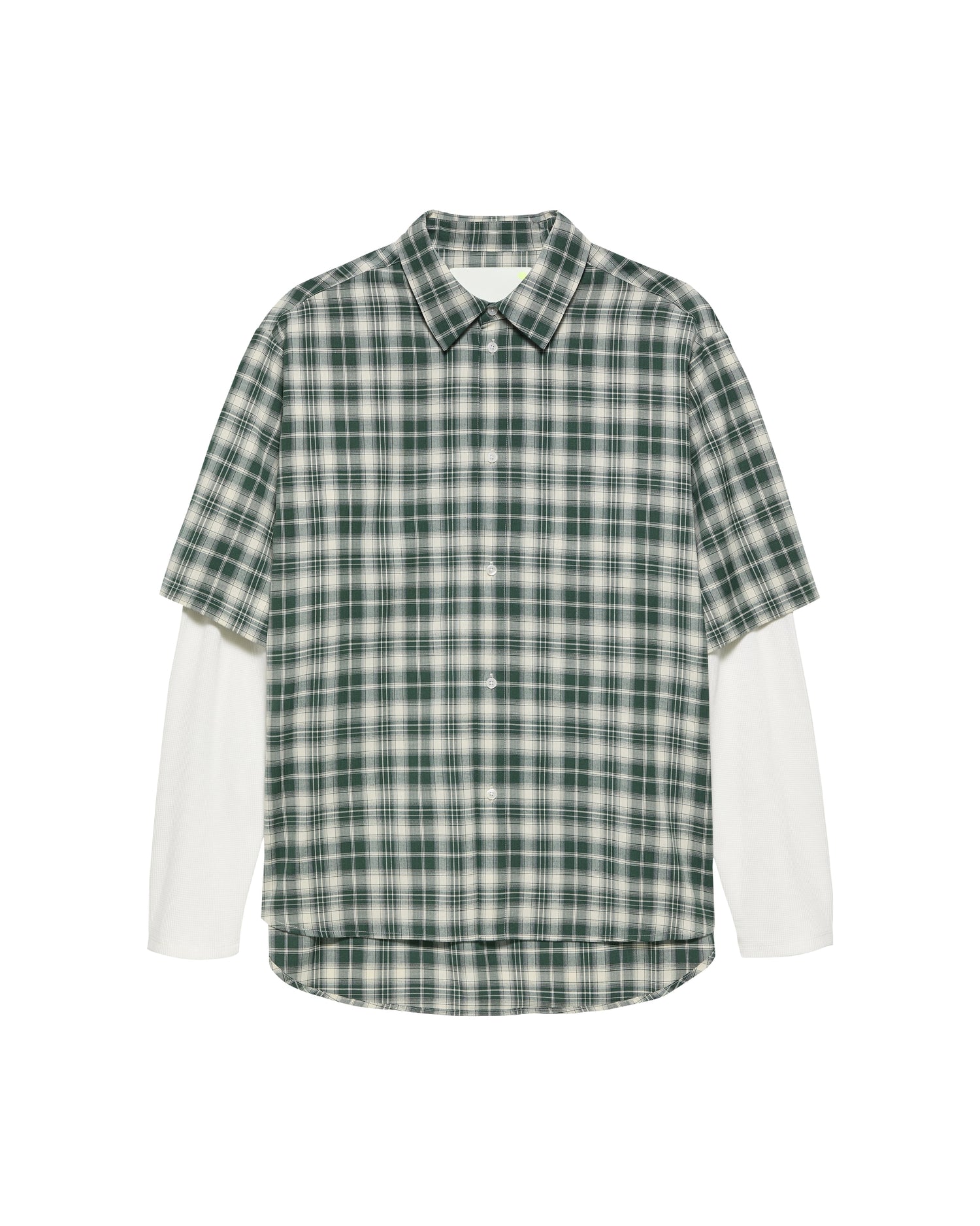 New Amsterdam Surf Association Double Layer Shirt in Green — front view, green/white check short-sleeve shirt with contrast white waffle long sleeves and faux shell button placket
