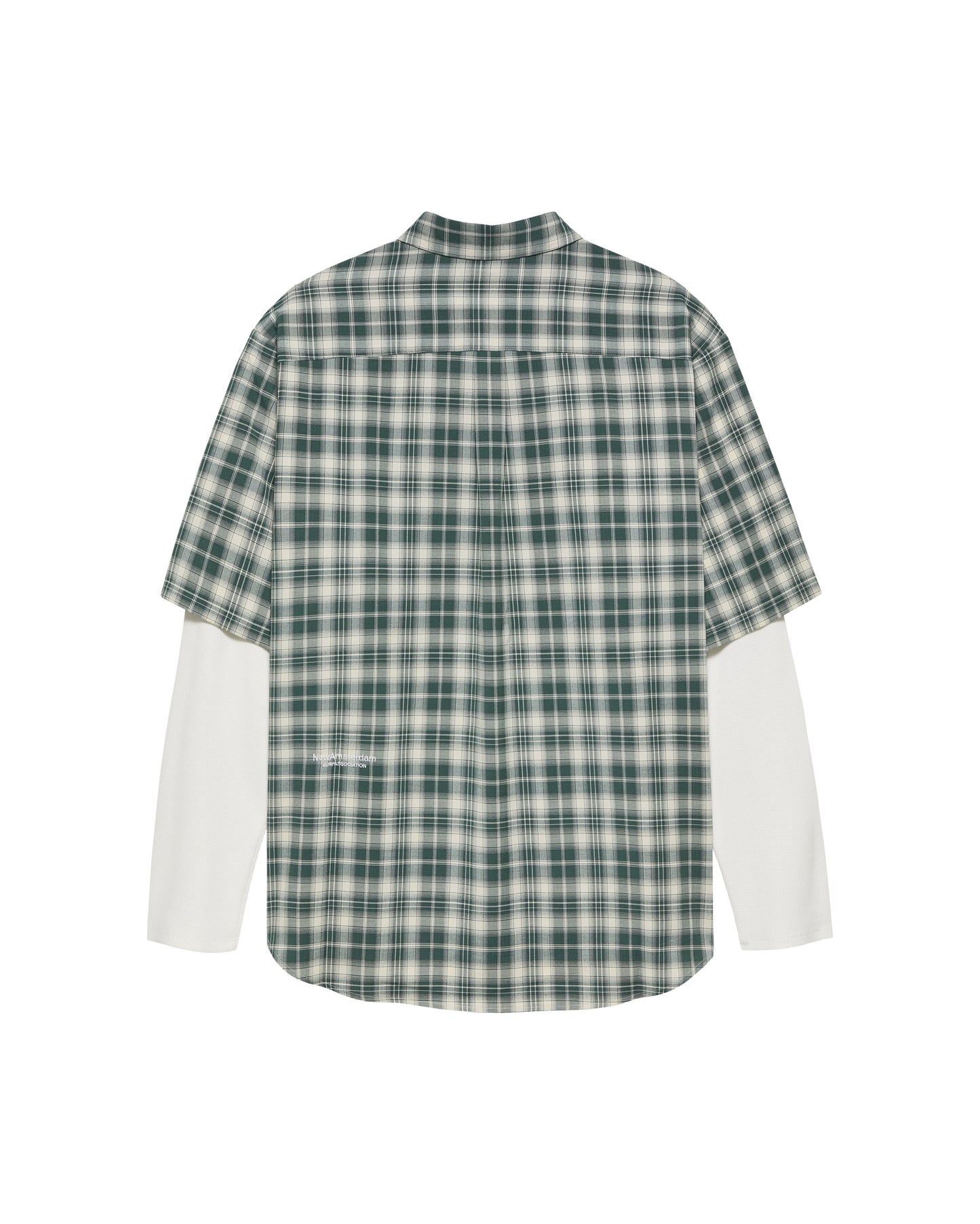 New Amsterdam Surf Association Double Layer Shirt in Green — back view, green/white check shirt with white waffle long sleeves, extended back hem and subtle white logo embroidery