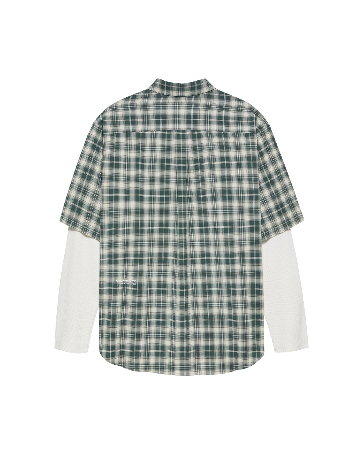 New Amsterdam Surf Association Double Layer Shirt in Green — back view, green/white check shirt with white waffle long sleeves, extended back hem and subtle white logo embroidery