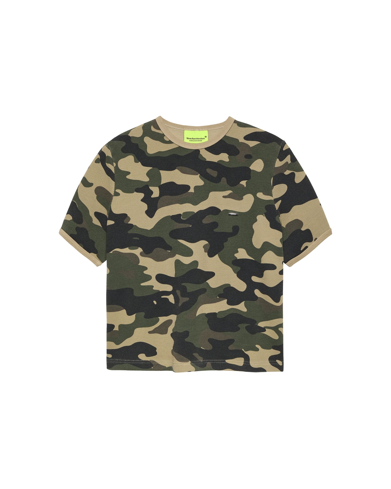 New Amsterdam Surf Association Waffle Tee in Camo - Front View Flat Lay Camo Print Mesh Texture