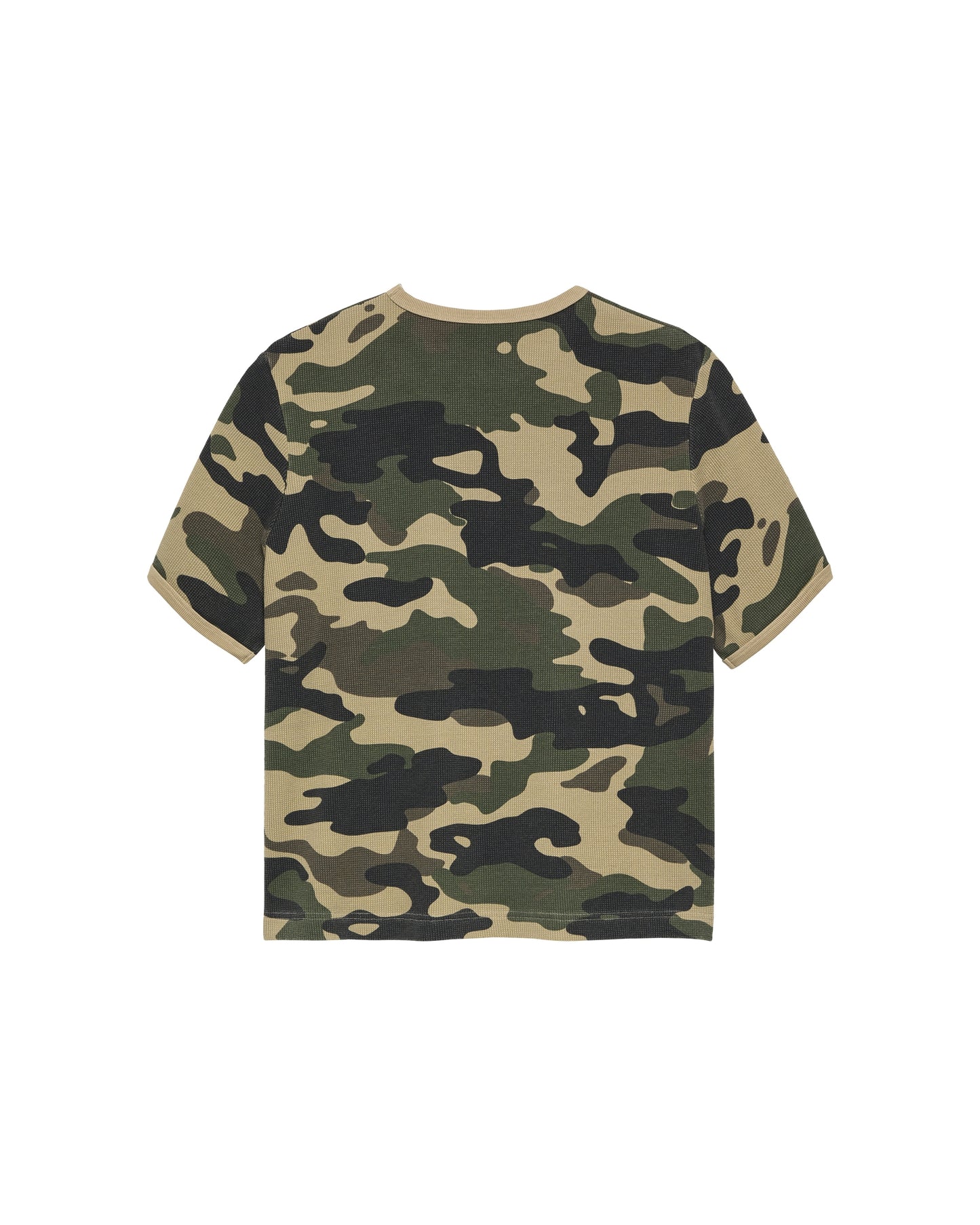 New Amsterdam Surf Association Waffle Tee in Camo - Back View Flat Lay Camo Print Waffle Knit