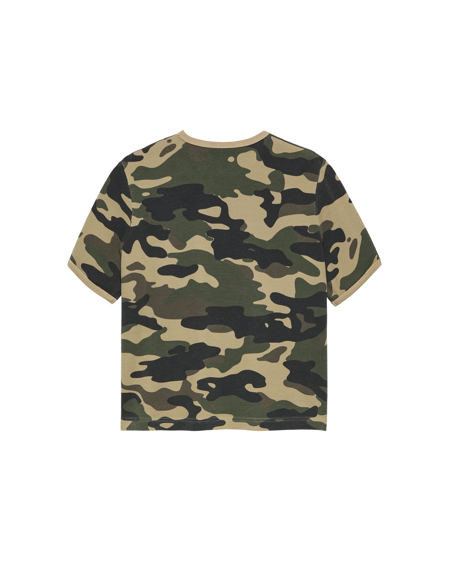 New Amsterdam Surf Association Waffle Tee in Camo - Back View Flat Lay Camo Print Waffle Knit
