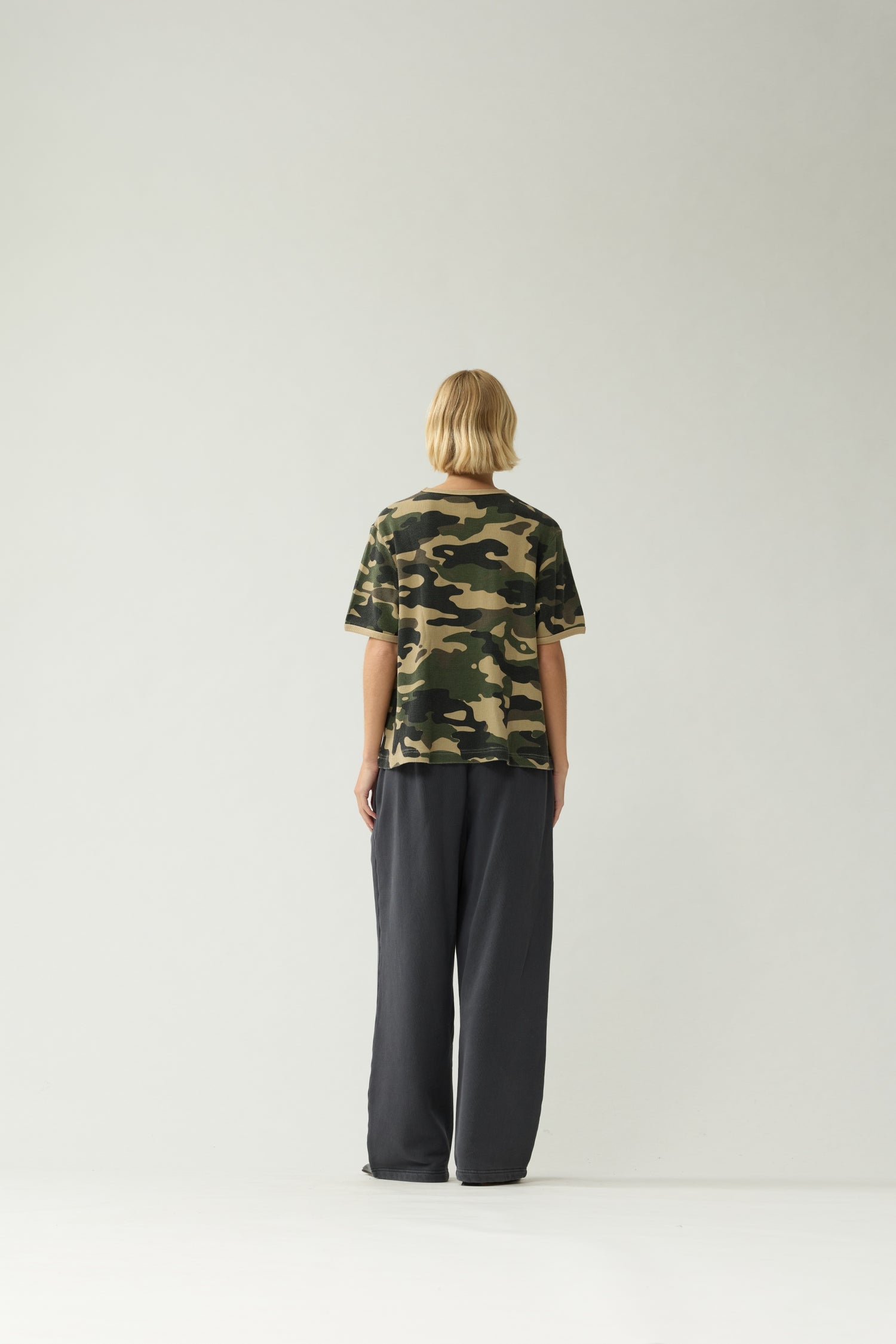 New Amsterdam Surf Association Camo Waffle Tee - Model Back View Dropped Shoulder Waffle Knit Camo T-Shirt