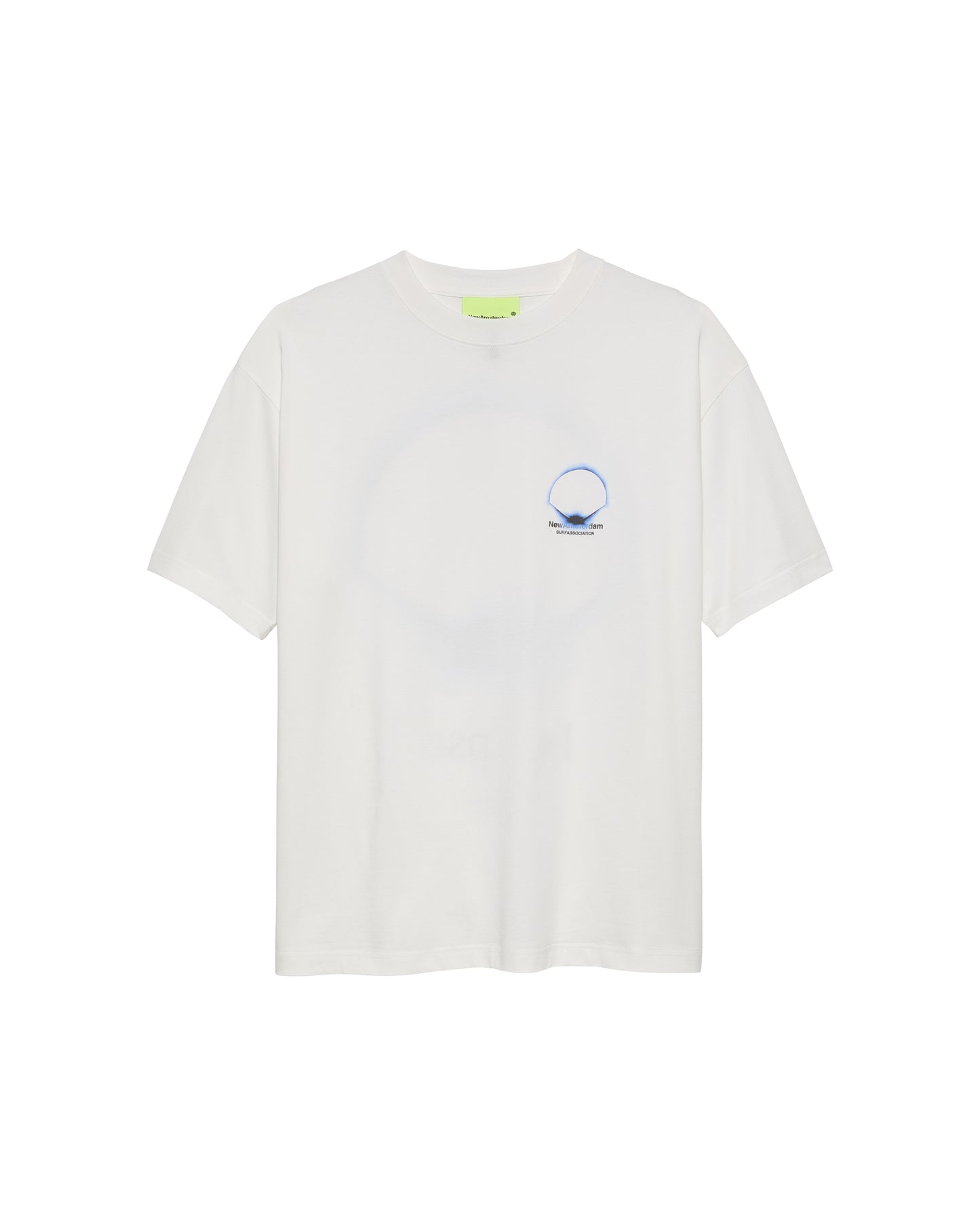 New Amsterdam Surf Association Eclipse Tee in White - Front View Flat Lay Eclipse Graphic Print Neon Label