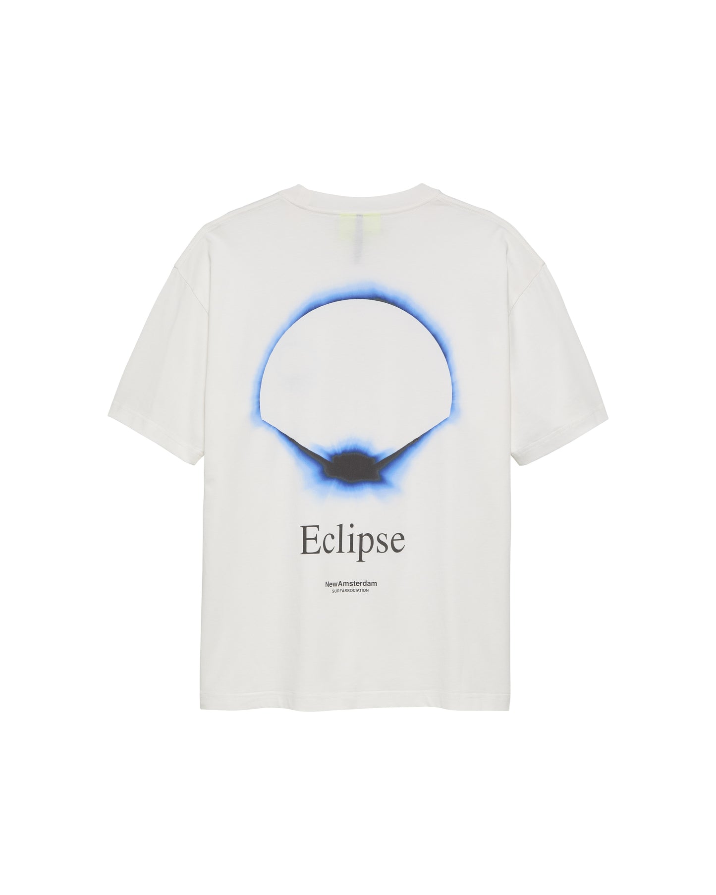 New Amsterdam Surf Association Eclipse Tee in White - Back View Large Eclipse Ring Graphic Print Flat Lay