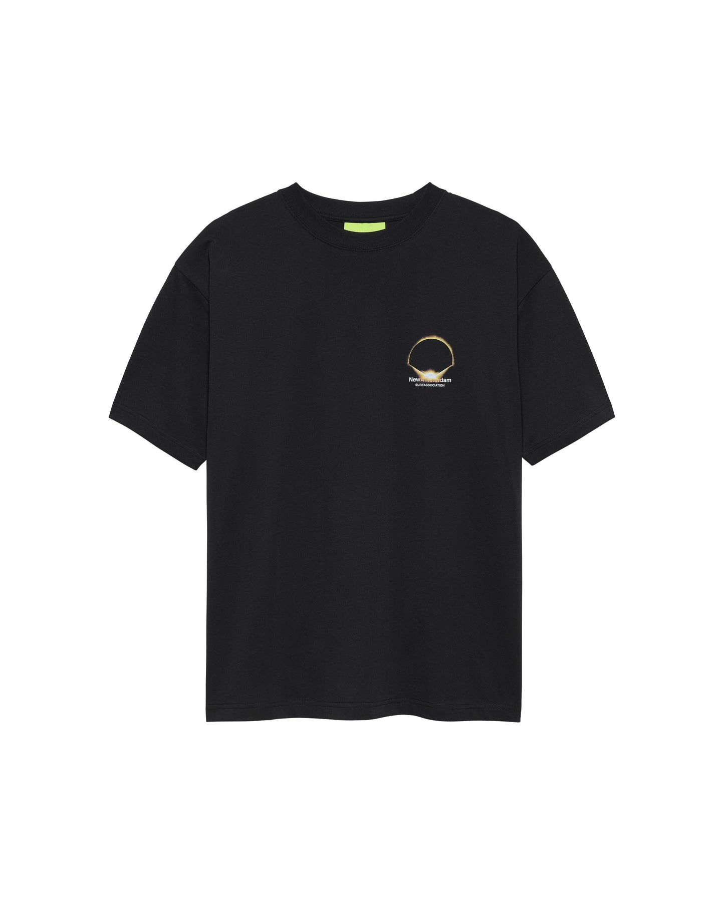 New Amsterdam Surf Association Eclipse Tee in Black - Front View Flat Lay Eclipse Chest Graphic Neon Label