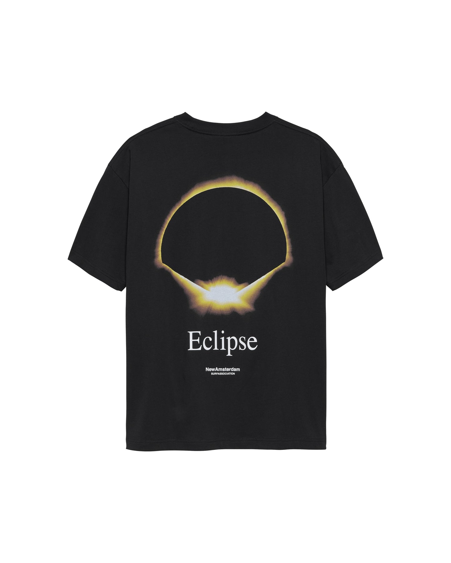 New Amsterdam Surf Association Eclipse Tee in Black - Back View Flat Lay Golden Eclipse Ring Back Graphic Print