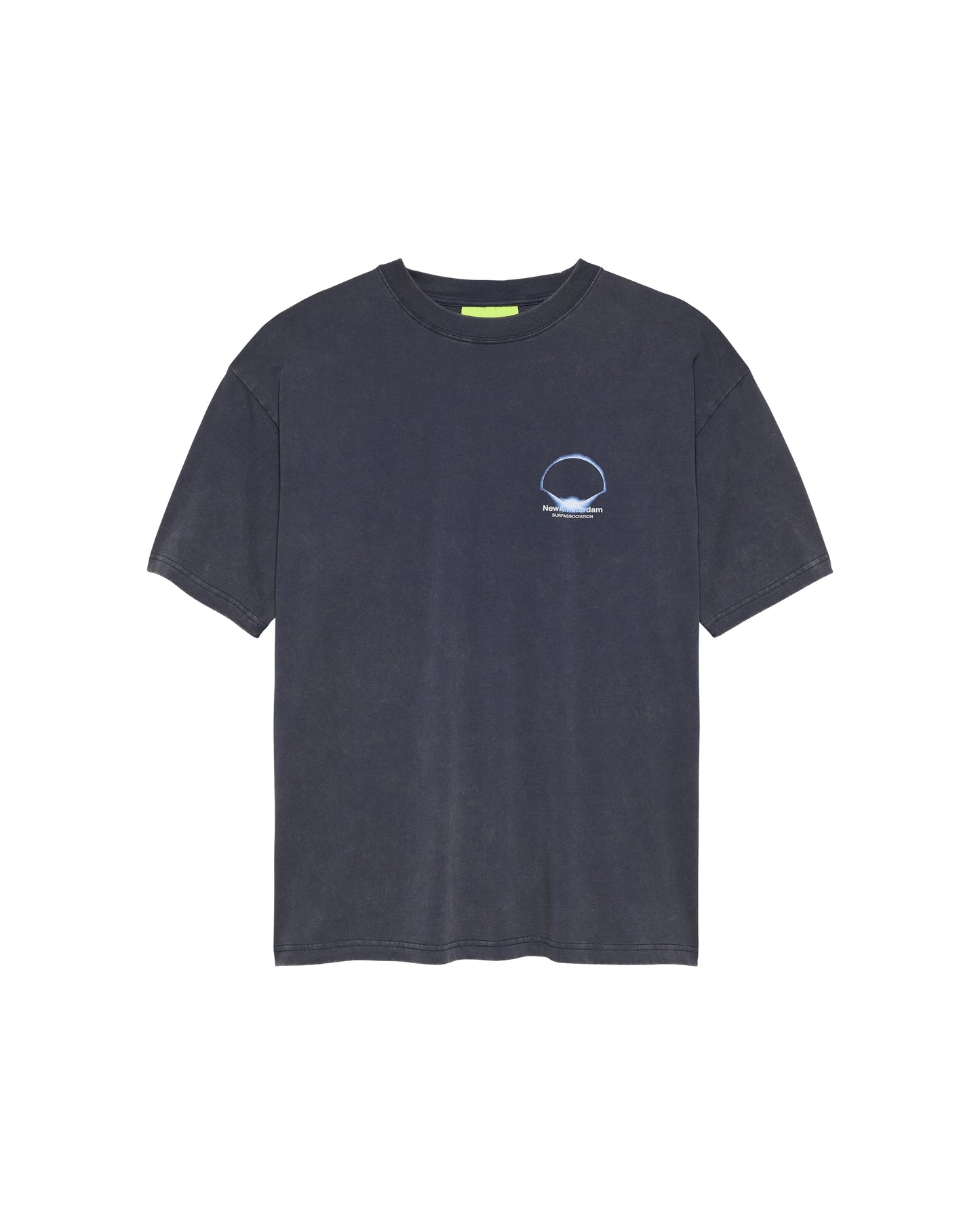 New Amsterdam Surf Association Eclipse Tee in Night — front view, dark navy mercerized cotton crewneck with small Eclipse discharge print graphic on chest
