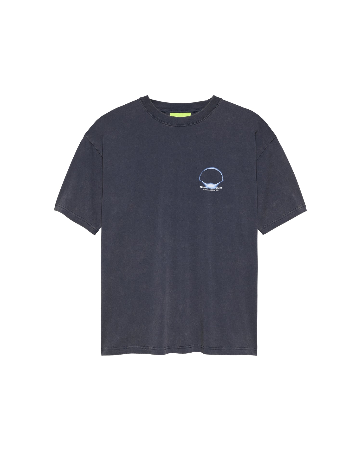 New Amsterdam Surf Association Eclipse Tee in Night — front view, dark navy mercerized cotton crewneck with small Eclipse discharge print graphic on chest
