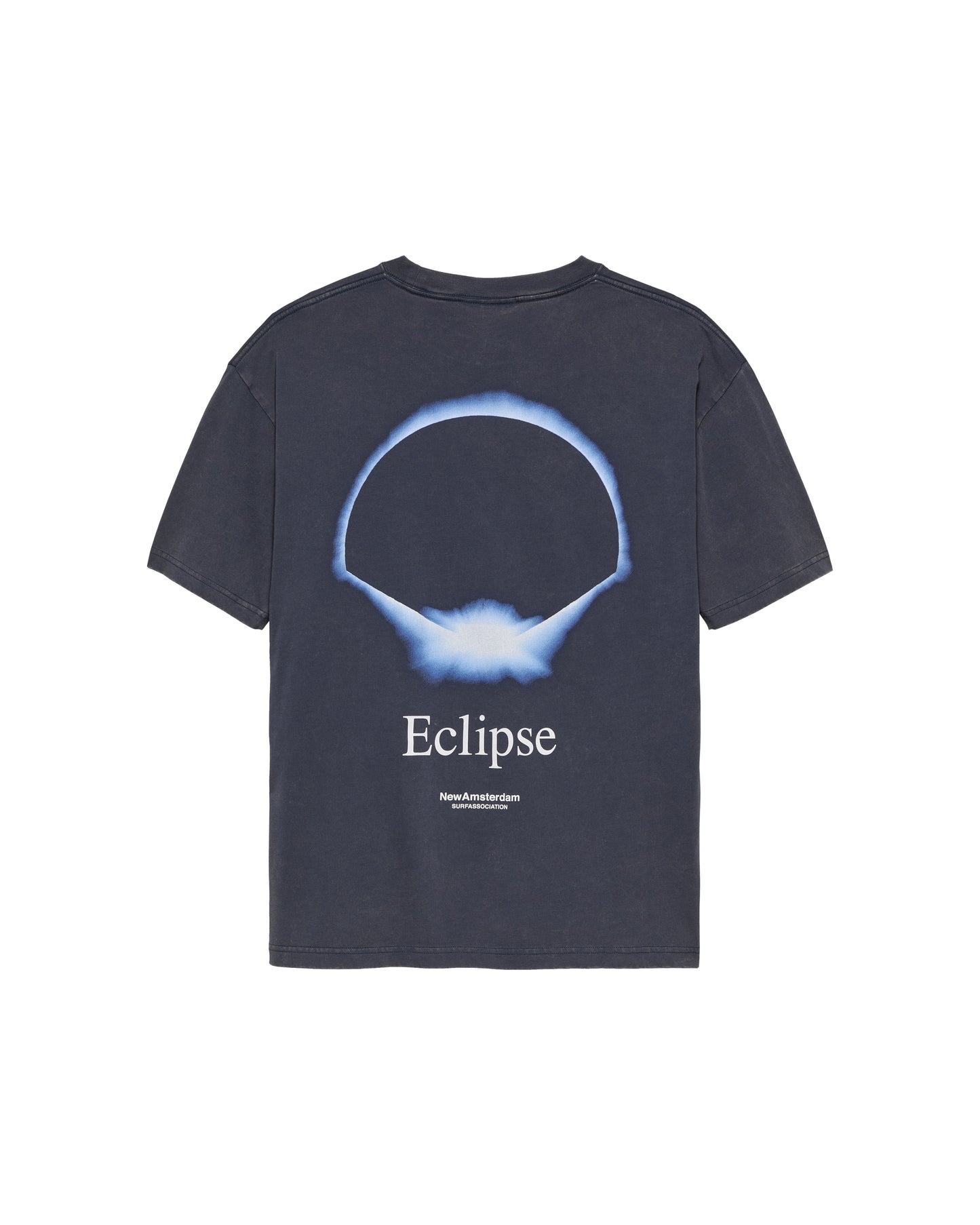 New Amsterdam Surf Association Eclipse Tee in Night — back view, large solar eclipse discharge print graphic with "Eclipse" text on dark navy crewneck tee