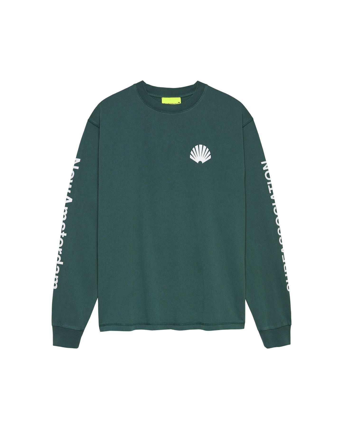 New Amsterdam Surf Association Logo Longsleeve in Bottle Green — front view, bottle green garment dyed crewneck longsleeve with shell logo screenprint on chest and "New Amsterdam" sleeve print
