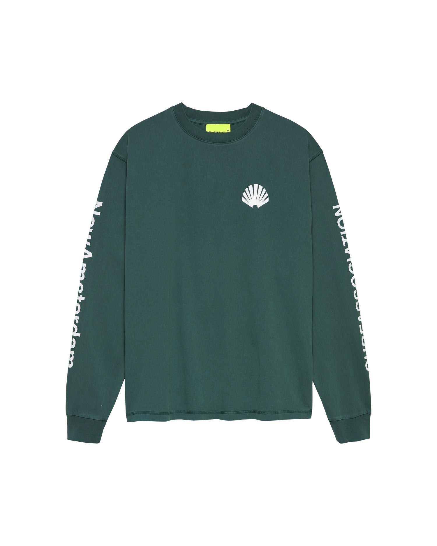 New Amsterdam Surf Association Logo Longsleeve in Bottle Green — front view, bottle green garment dyed crewneck longsleeve with shell logo screenprint on chest and "New Amsterdam" sleeve print
