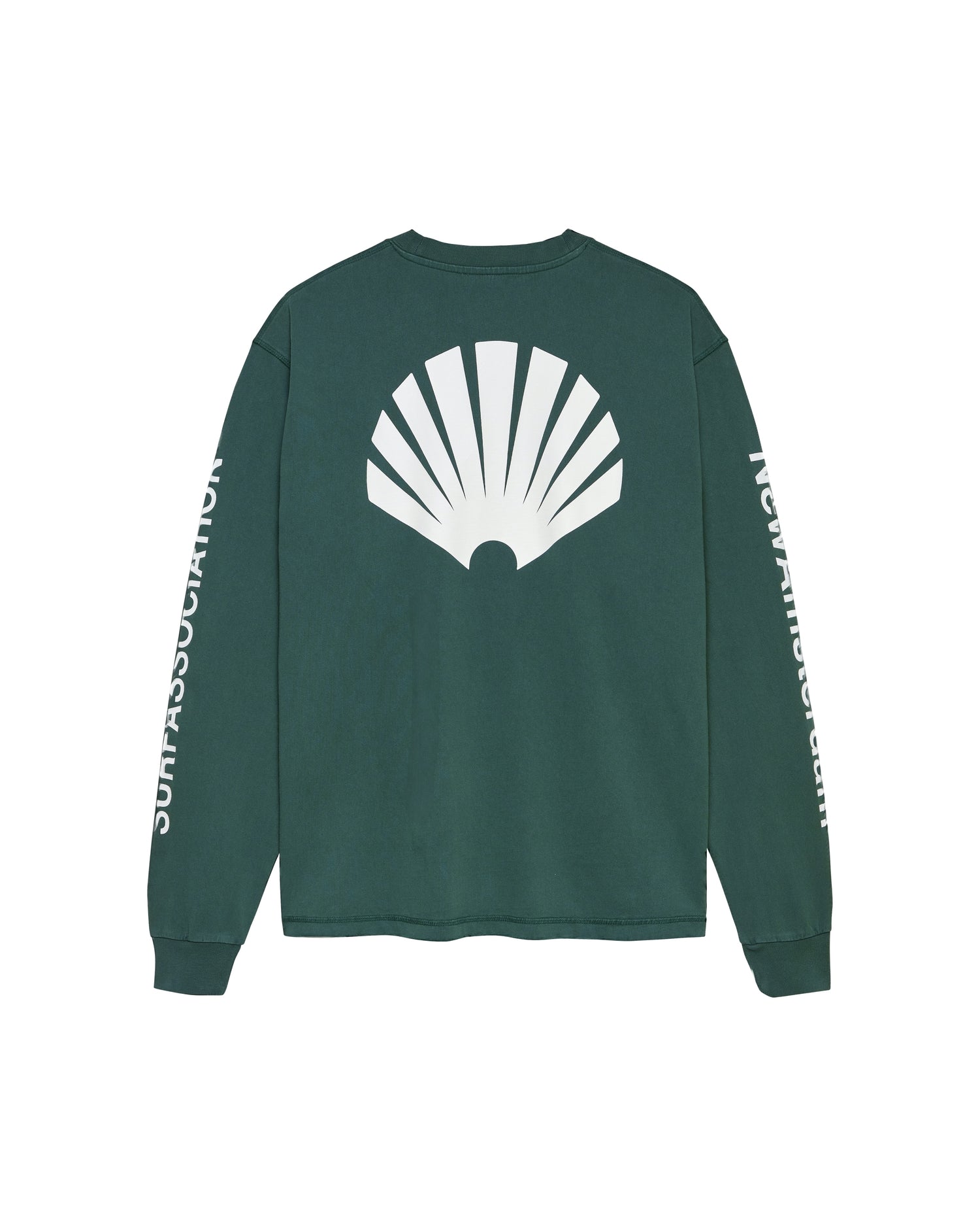 New Amsterdam Surf Association Logo Longsleeve in Bottle Green — back view showing large white shell logo screenprint and "Surf Association" sleeve print on bottle green 240 GSM cotton longsleeve