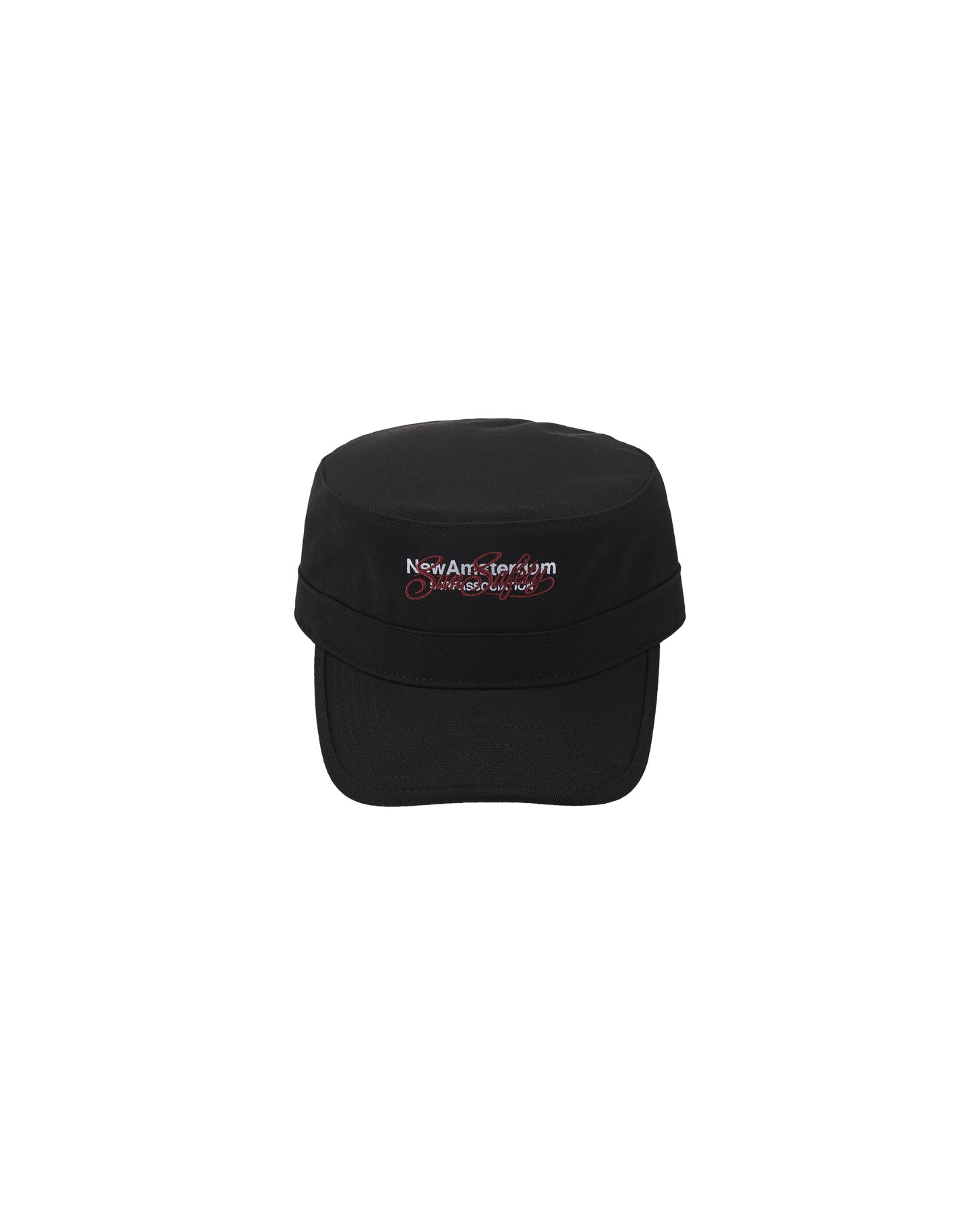 New Amsterdam Surf Association Sunsafety Cap in Black - Front View Flat Top Military Style Cap Embroidered Logo
